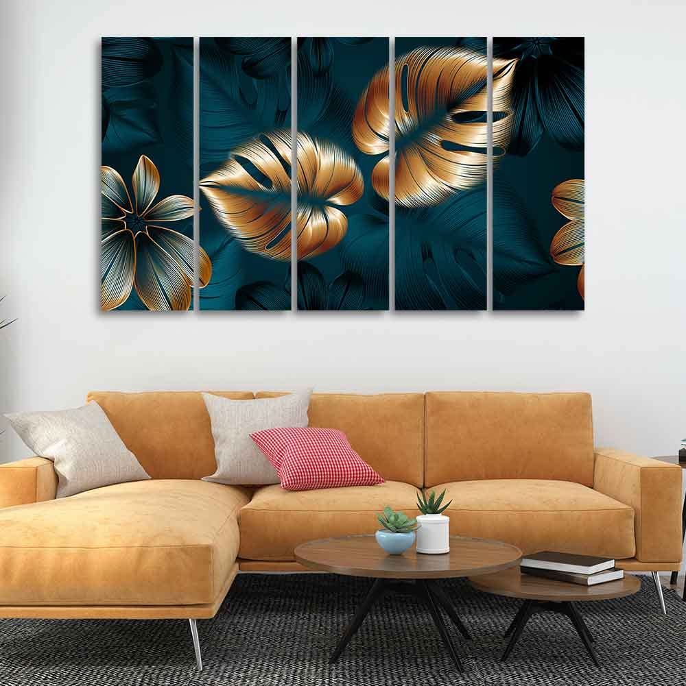VIBECRAFTS Shiny Golden Leaves Floating Canvas Wall Painting Set of Five For Home|Office|Living Room|Gift (PTVC5Pcs4_8583N)
