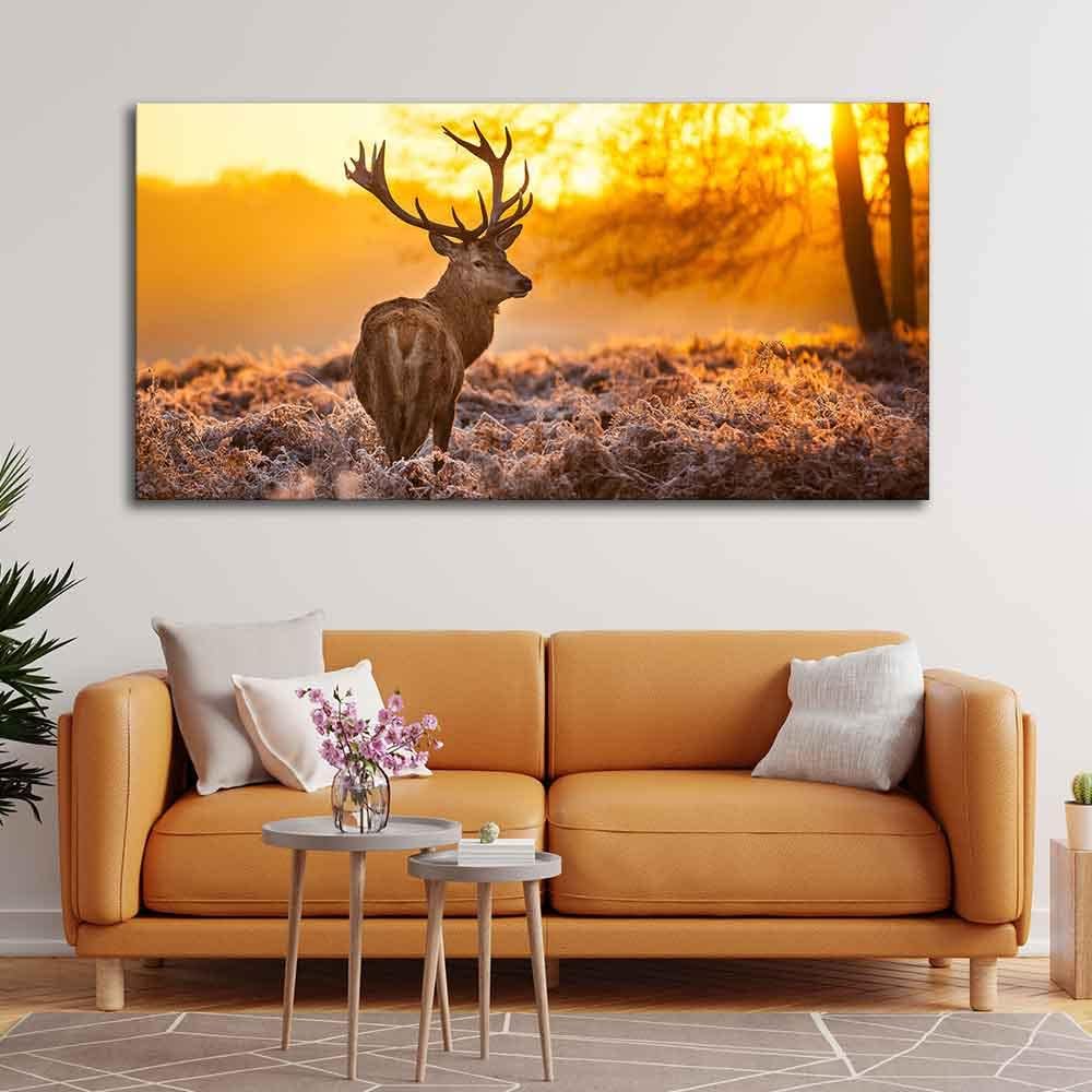 VIBECRAFTS Canvas Paintings for Living Room Drawing Room Red Deer In Forest At Sunrise Canvas Wall Painting Fitted with Wooden Frame for Home | Office | Gift (PTVCH_2349N)