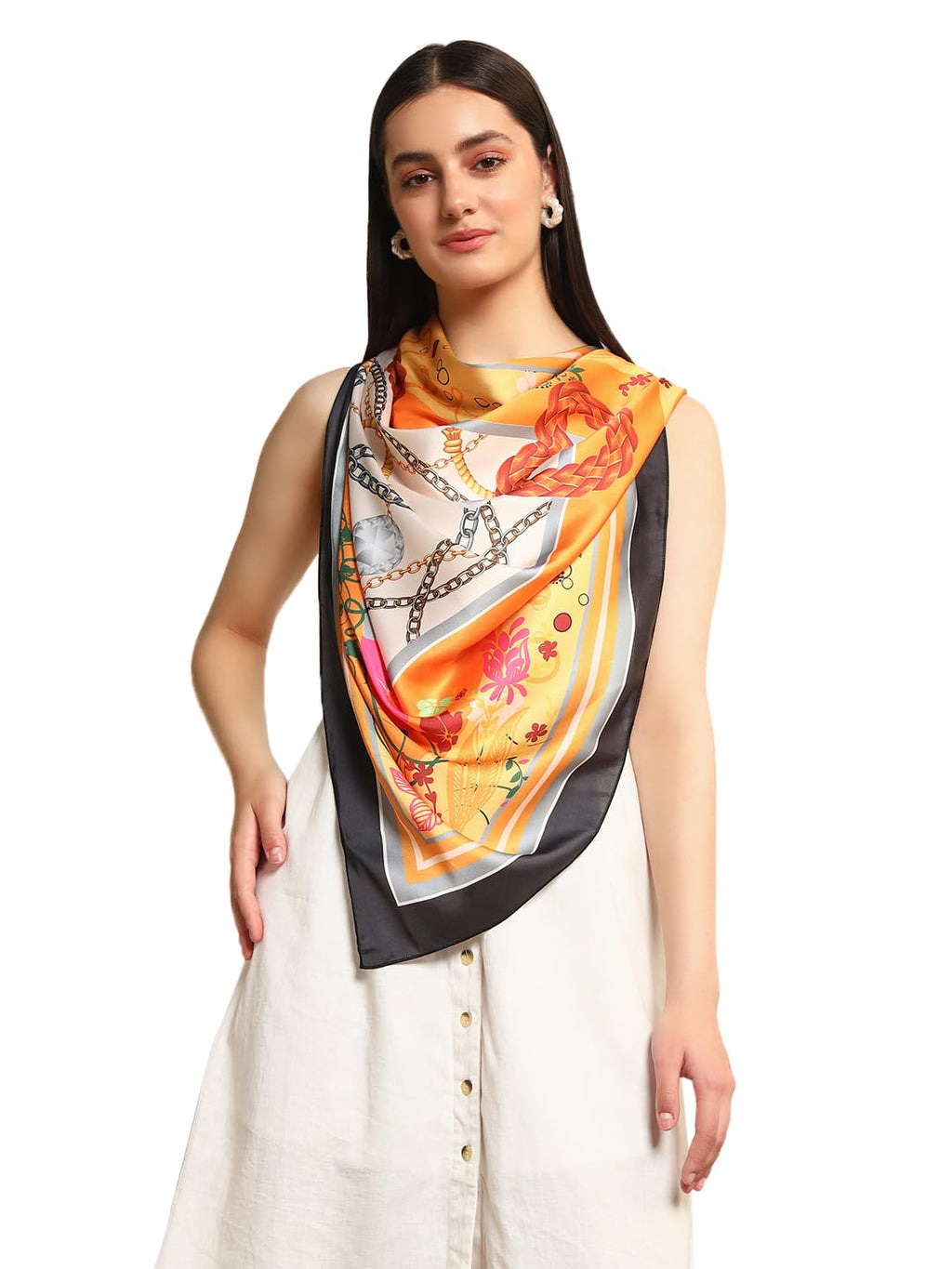 Ravaiyaa - Attitude is everything Women's Crepe Silk Digital Print Large Square Scarf Breathable Lightweight Neckerchief Printed Headscarf 40 x 40 Inch (Black & Yellow Butterfly)