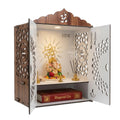 Beautiful Temple Mandir for Home with Door Wooden MDF | White Interior Pooja Temple with Storage Space | Wall Mounted & Tabletop Pooja Mandir for Home Office Decor (19.29 x 13.58 x 9.84 Inch)