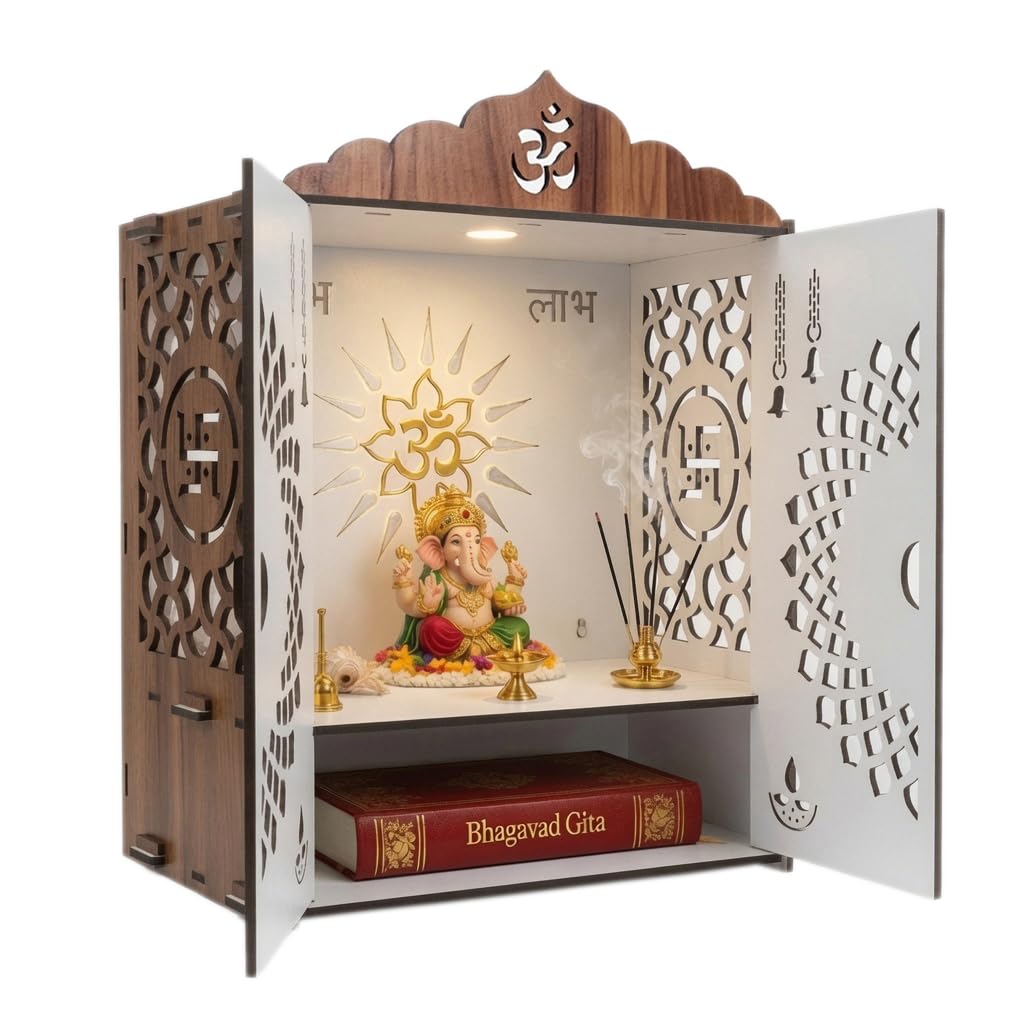 Beautiful Temple Mandir for Home with Door Wooden MDF | White Interior Pooja Temple with Storage Space | Wall Mounted & Tabletop Pooja Mandir for Home Office Decor (19.29 x 13.58 x 9.84 Inch)