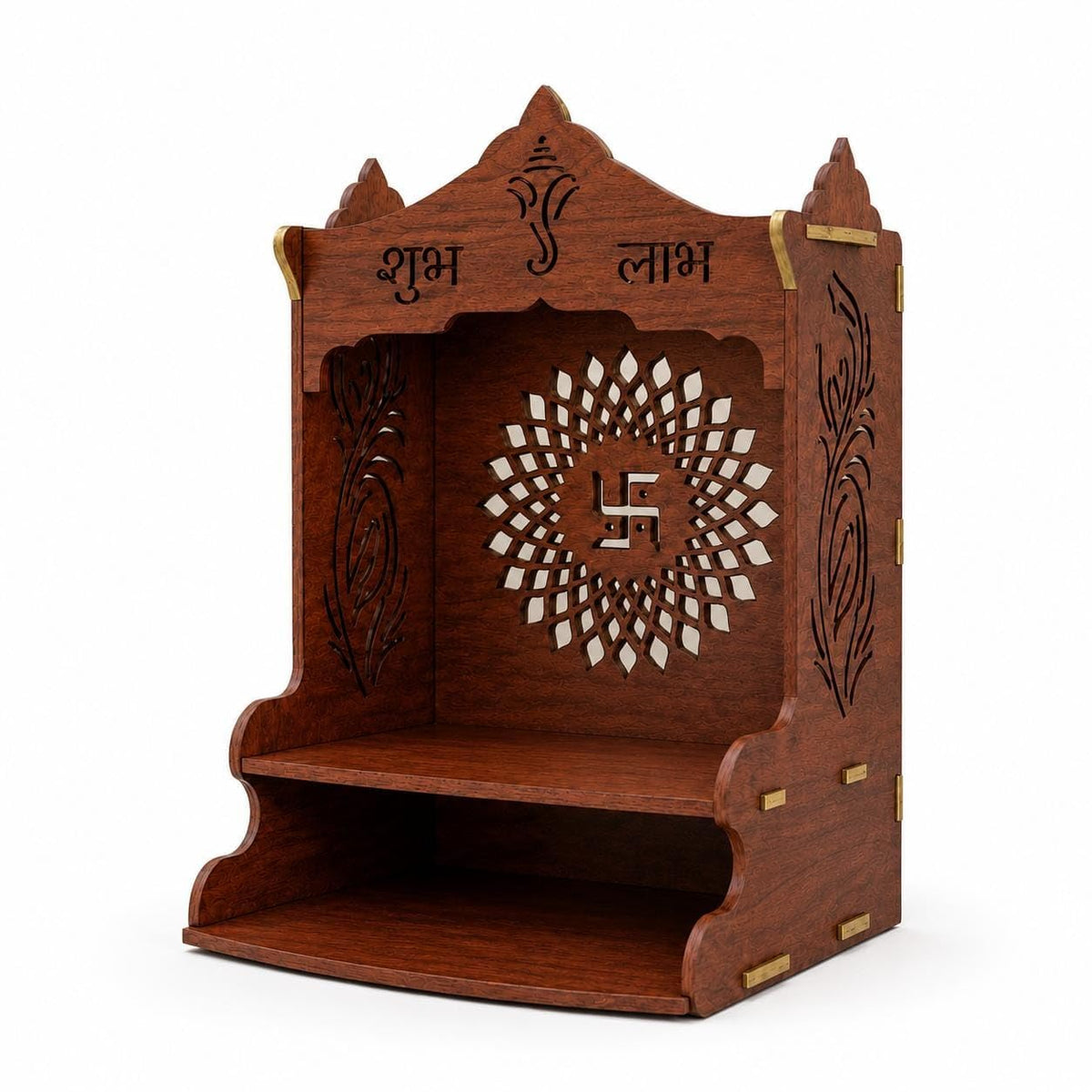 Wooden Pooja Mandir for Home, Pine Wood Temple, Decorative Hindu Mandir with Storage Shelf for Puja Room & Living Room Decor (32X26X20 Cms, Natural Wood Brown, Swastik 2)
