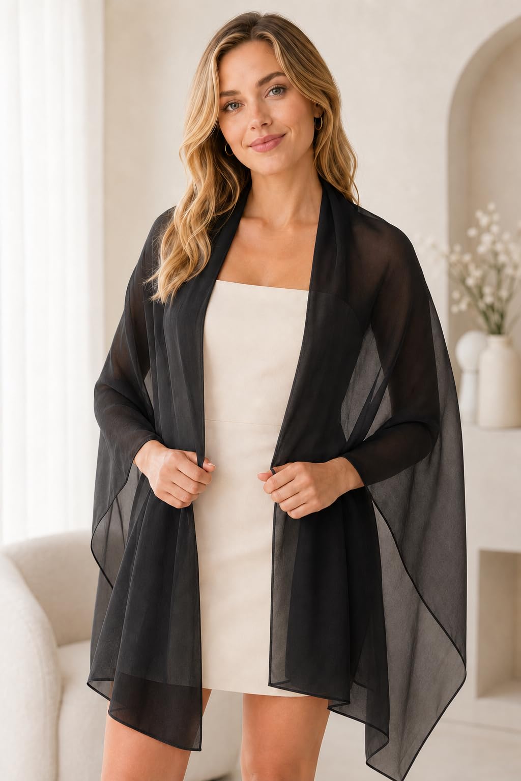 YOUR SMILE for Women Lightweight Breathable Solid Color Soft Chiffon Long Fashion Scarves Sunscreen Shawls (Black)