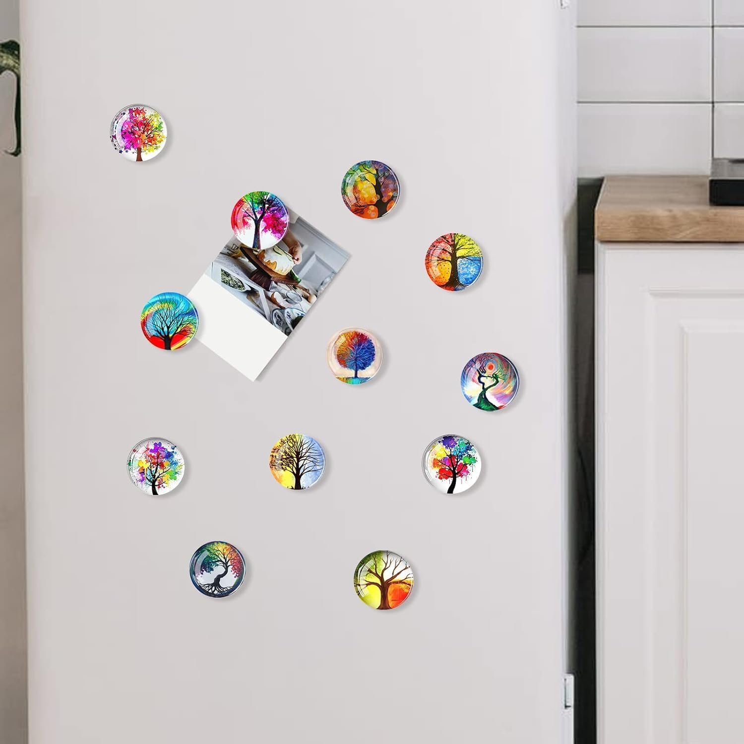 SPITEN 12 Pcs Fridge Magnets Marble Texture Crystal Refrigerator Glass Magnet Decorative Fridge Strong Small Cute Colorful Magnet for Kitchen Office Whiteboards Cabinets Photos Party (Tree Design)