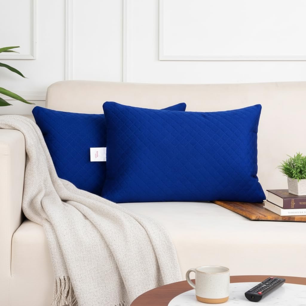 STITCHNEST Quilted Velvet Cushion Covers Set of 2 | Soft Blue | 12x18 Inches | Premium Sofa & Living Room Décor