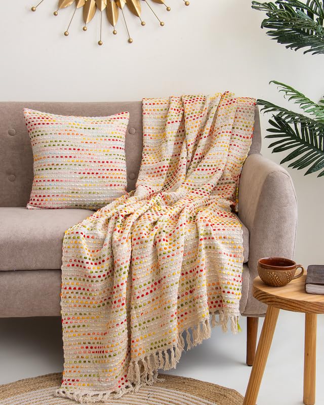 DMAASA Multicolor Hand Woven Sofa Throw (50x70 Inches) with 2 Pcs Cushion Cover(16x16 Inch) Soft Lightweight Thrower for Couch, Living Room & Bed (Pack of 3) Kafalo