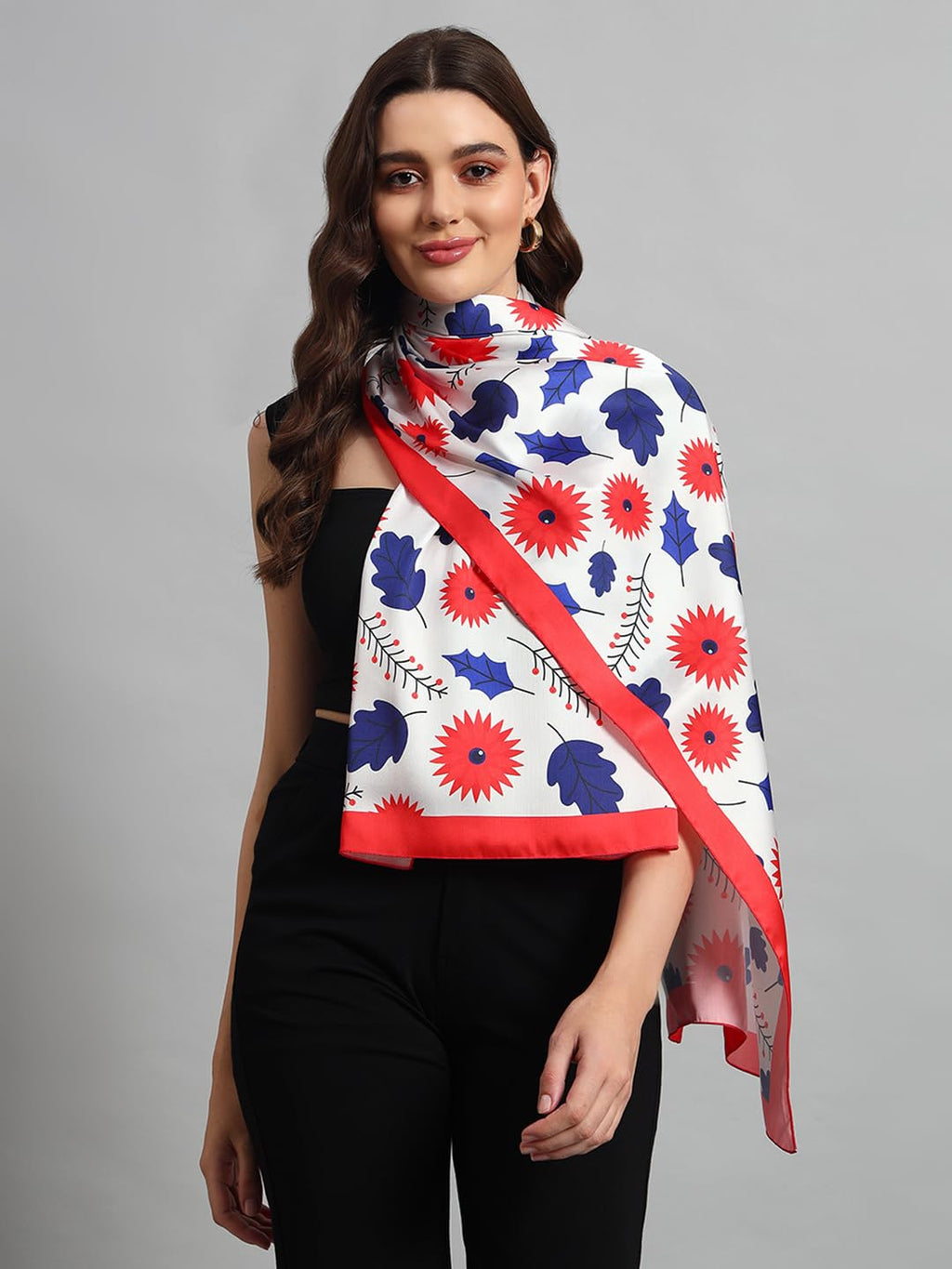 Ravaiyaa - Attitude is everything Women Lightweight Printed 100% Satin Silk Scarf Stoles Breathable Neckerchief Head Beach Wrap Scarves (Red White Leaf, 70 x 20 Inch)