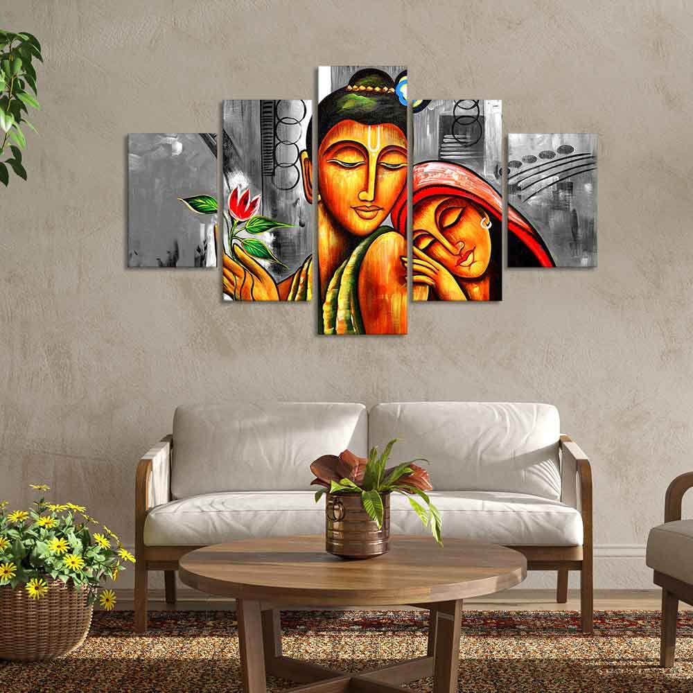 VIBECRAFTS Shree Radha Krishna Canvas Wall Painting Set of Five Pieces For Home|Office|Living Room|Gift (PTVC5Pcs1_5539)