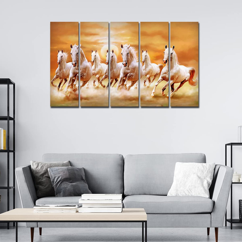 VIBECRAFTS White Running Horses 5 Pieces Canvas Wall Painting For Home | Office | Living Room | Gift (PTVC5Pcs4_8507)
