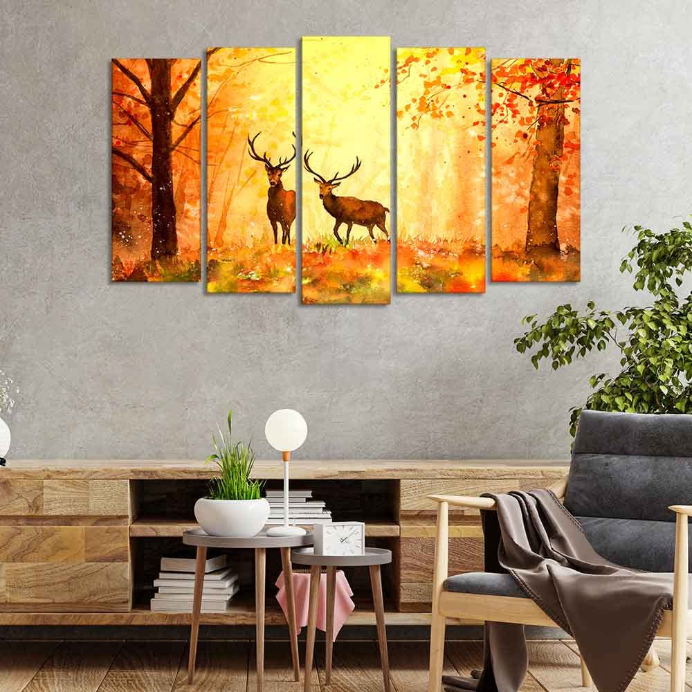 VIBECRAFTS Beautiful Forest Deer Canvas Wall Painting Set of Five For Home|Office|Living Room|Gift (PTVC5Pcs2_6548)