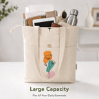 Threads by Krish Bloom Cotton Canvas Tote Bag for Women | 300 GSM Premium Fabric with Hidden Zipper, Inner Zipper & Front Button Pocket | Large Capacity | 15 x 14.5 x 3 In