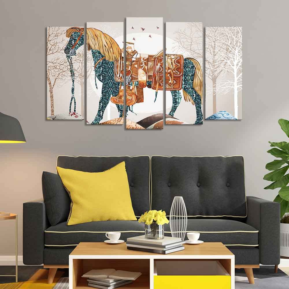 VIBECRAFTS Premium Wall Painting of Patterned Horse of Five Pieces For Home|Office|Living Room|Gift (PTVC5Pcs2_6632)