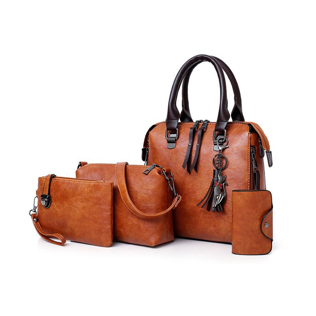 SYGA Pack Of 4 Women Handbag Set,Pu Leather Handbag With Crossbody Bag, Clutch Bag And Credit Card Holder Tote Bag (Brown)