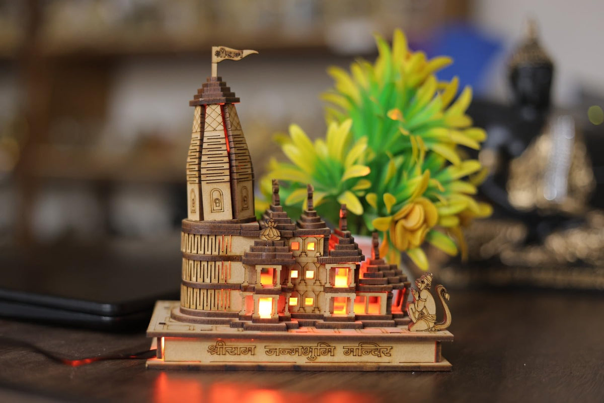 A & S VENTURES Shri Ram Mandir Ayodhya 3D Model Wooden Hand Carved Temple 6 inches Decorative Showpiece Wood Temple for Gift Replica (with Lights)