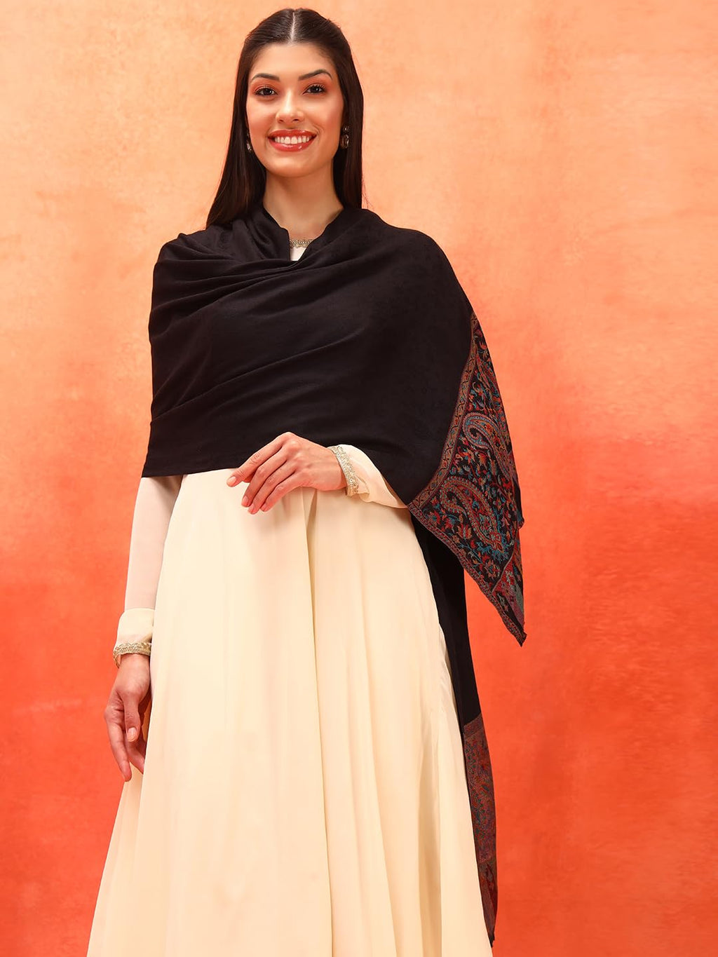 Pashmoda Women Gulpari Kaani Stole, Authentic Kashmiri Luxury Pashmina Style Shawl, Stole, (Size 28x80 Inches, Black Color) MAVST06