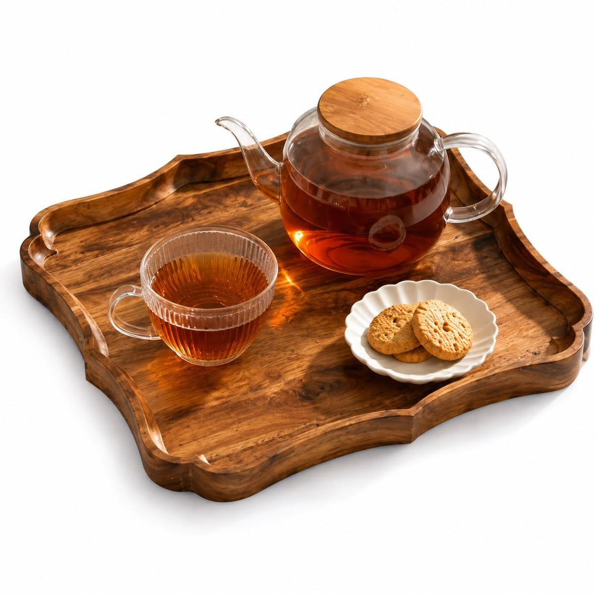 Premium Acacia Wood Serving Tray Handcrafted Wooden Decorative Tray with Scalloped Edge 11 x 11 x 1 Inch Round Serving Platter for Coffee Table, Dining Table, Tea, Snacks & Home Decor (mod 4)