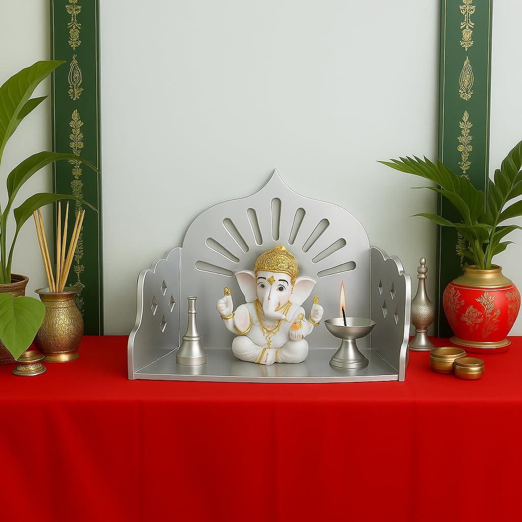 Fliptic Small Acrylic Wooden Temple DIY || Wall-Mounted Pooja Mandir, Shining Finish for Home, Office, Shop || Wall Mounted Small Size Wooden Temple || Do It Yourself (Silver)