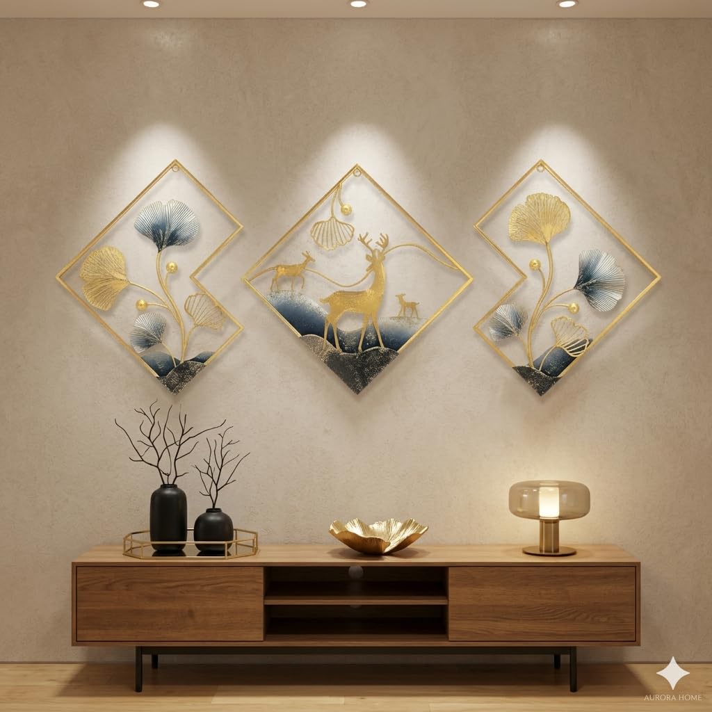 Mahira Artefacts Premium Metal Wall Art, Gold and Blue Ginkgo Leaf and Stag Sculpture, Geometric 3D Wall Hanging, Set of 3