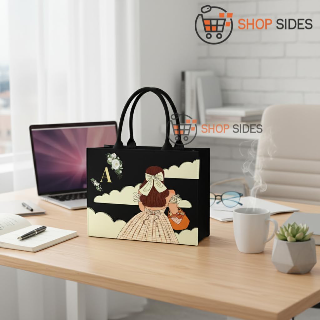 SHOP SIDES Personalized Fashion Girl Tote Bag for Women | Custom Name Canvas Handbag with Stylish Back-View Girl Art | Trendy Printed Black Tote | Eco Friendly Shopping College Bag_10×12 & 12×16 inch