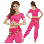 VRITRAZ Women's Chiffon Belly Dance Hip Waistband 1 Scarf, 1 Top, 1 Headband, 1 Handcuff with Ringy Golden Coins (Pack of 4)