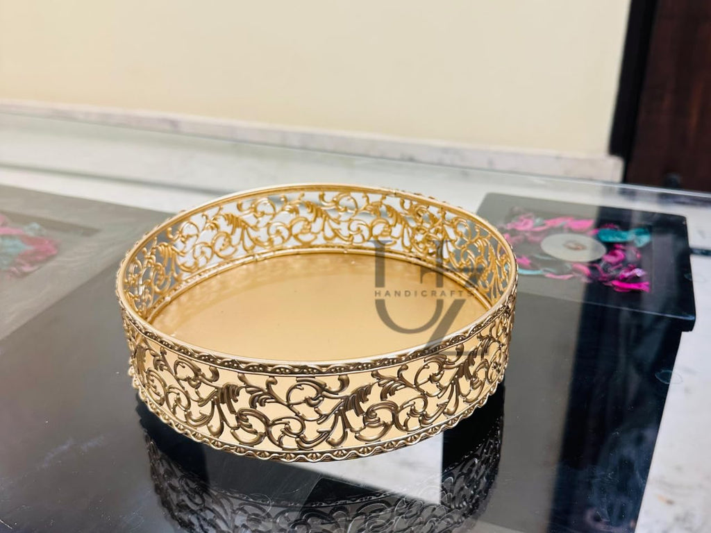 Golden Brass Finish Serving Tray | Decorative Round Metal Trays | Handmade Tea & Snack Serving Trays for Home Décor & Gifting (8'' Tray Golden)