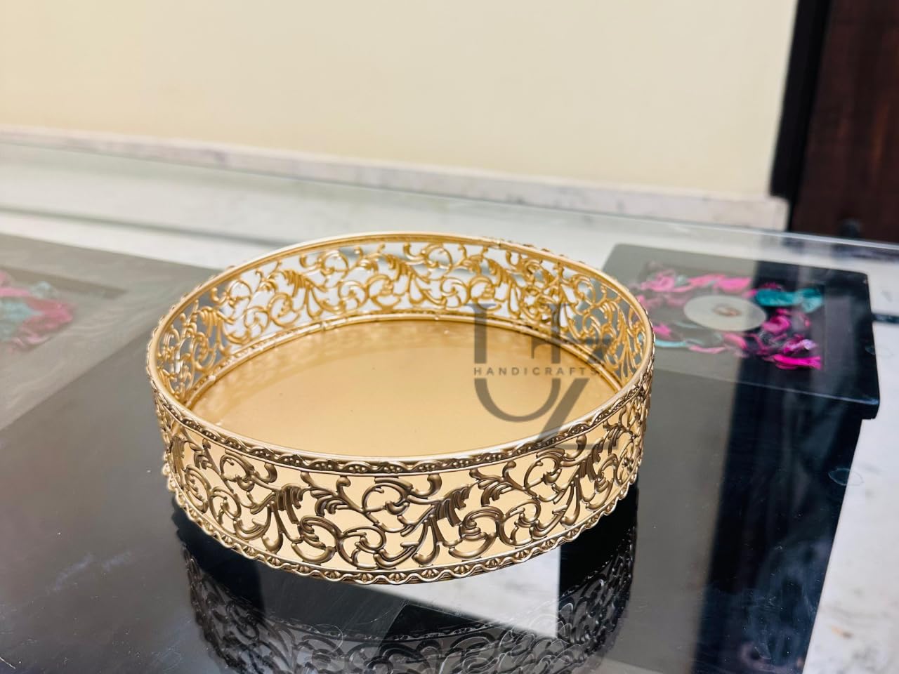 Golden Brass Finish Serving Tray | Decorative Round Metal Trays | Handmade Tea & Snack Serving Trays for Home Décor & Gifting (8'' Tray Golden)