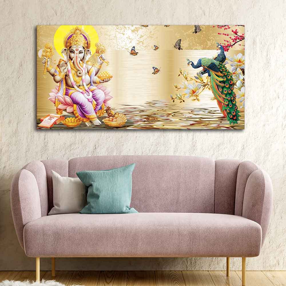 VIBECRAFTS Canvas Paintings for Living Room Drawing Room Ganesha And Peacocks Canvas Wall Painting Fitted With Wooden Frame For Home | Office | Living Room | Gifts (PTVCH_2567)