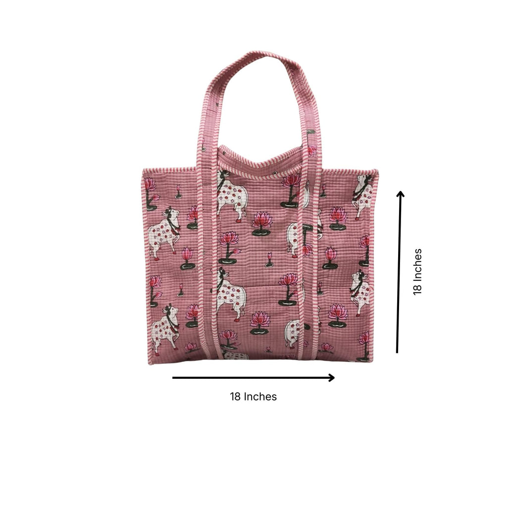 NAYASHI Big Size Printed Cotton Tote Bag | Pichwai Inspired Quilted Shoulder Bag with Inner Pocket & Heavy Metal Zipper | Reusable Shopping, Travel & Daily Use | Cool Pink | 18 x 18 Inches