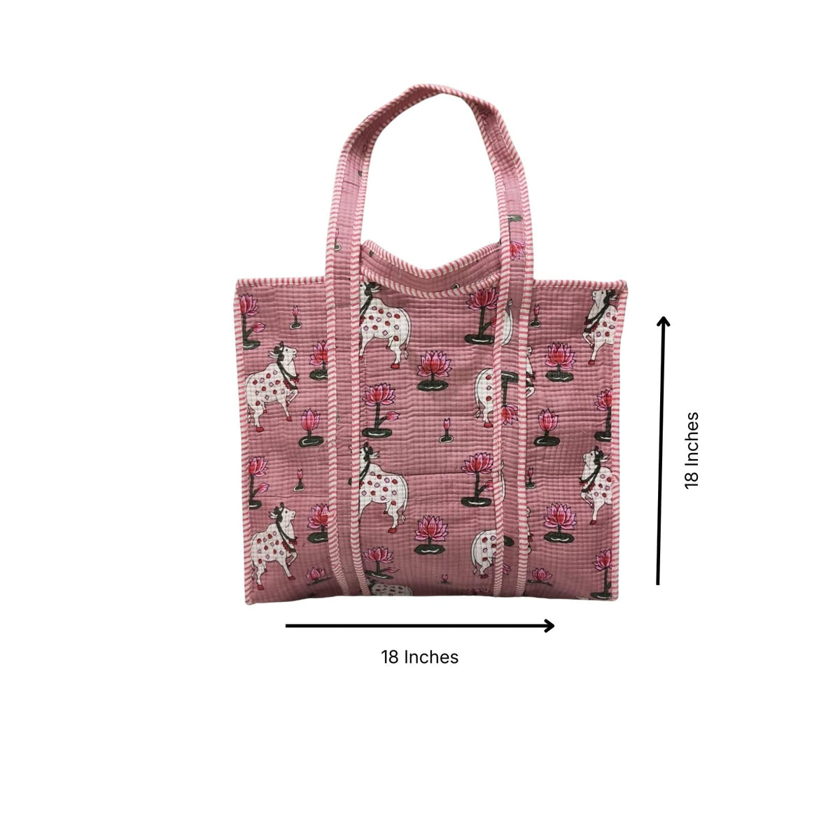 NAYASHI Big Size Printed Cotton Tote Bag | Pichwai Inspired Quilted Shoulder Bag with Inner Pocket & Heavy Metal Zipper | Reusable Shopping, Travel & Daily Use | Cool Pink | 18 x 18 Inches
