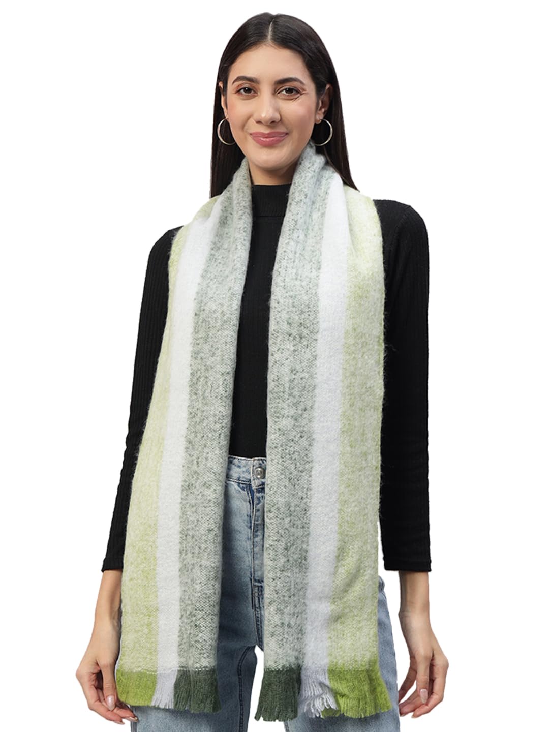 Ravaiyaa - Attitude is everything Reversible Wool Scarves Striped Pattern Women Neck Wraps Muffler Winter Wool Scarf (72 x14 Inch, Green & White)