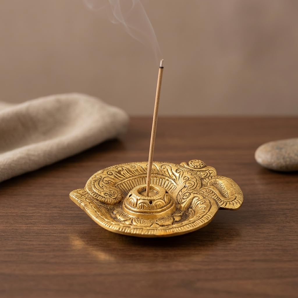 Kridaykraft Aluminum Om Incense Stick Holder with Ash Catcher, Traditional Gold Finish Agarbatti Stand for Puja Room, Home Decor, Meditation & Gifting