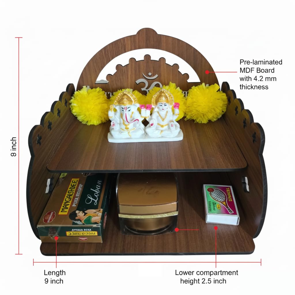 Bindian Wooden Pooja Mandir for Home Wall Mounted | Wooden Table Top God Temple | Pooja Stand for Home | Puja Mandir | Puja Unit for House | Temple for Office (Temple 7)