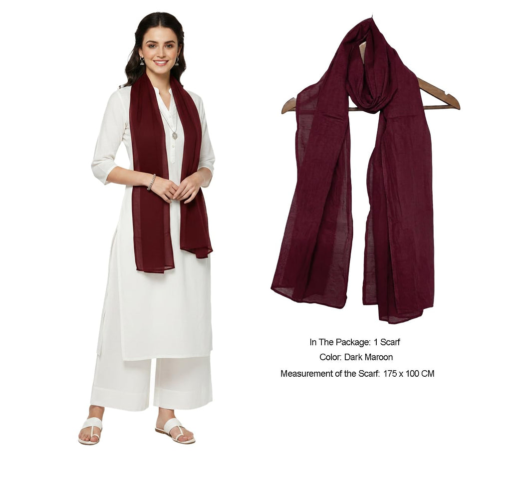 Pure Cotton Scarf Stole for Women, 175 x 100 cm, Lightweight, Versatile, Multiple Colours (Dark Maroon)