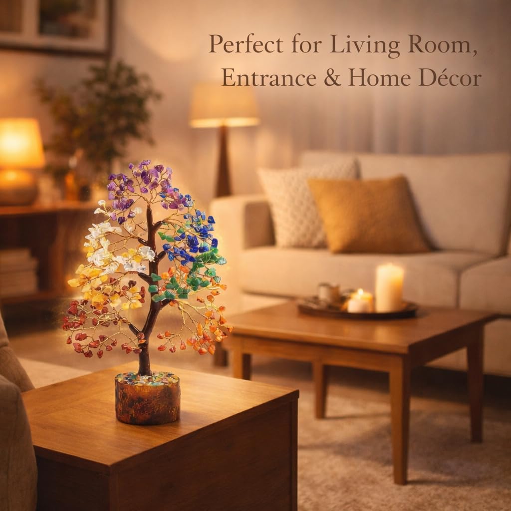 Jayshree Om VedicVastu 300 Beads Seven Chakra Tree – Gift for Positive Energy & Healing | Feng Shui Seven Chakra Tree of Life with Crystals and Stones| Home Décor for Living Room and Spiritual Spaces