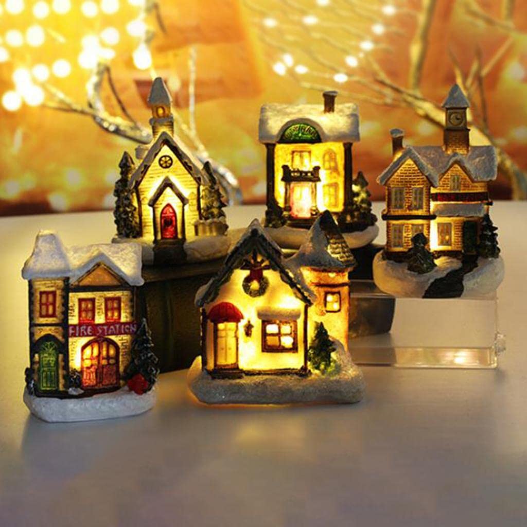 ATORSE® Resin Christmas Scene Snow House Led Village Set Desktop Decoration Gift A
