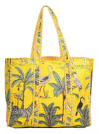 DecorAvenue Quilted Premium Cotton Printed Reversible Tote Bag Grocery Shopping Bag Travel Bags Carry Bag 18x15x5.5 Inch (Yellow Jungle)