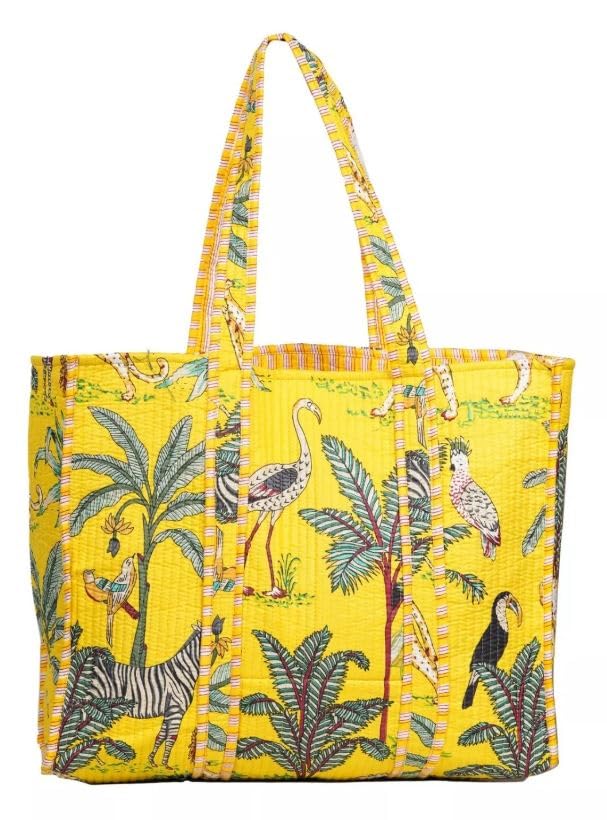 DecorAvenue Quilted Premium Cotton Printed Reversible Tote Bag Grocery Shopping Bag Travel Bags Carry Bag 18x15x5.5 Inch (Yellow Jungle)