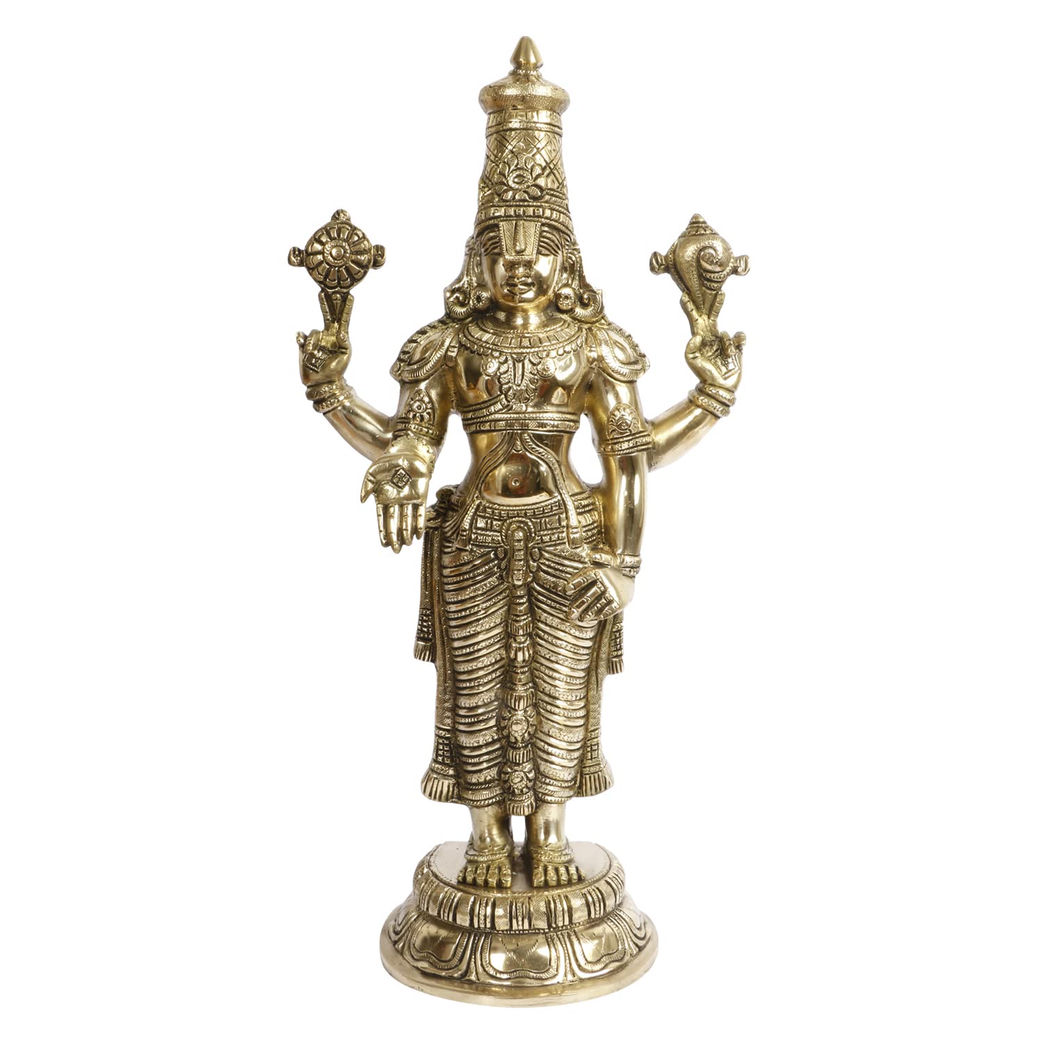 ARTVARKO Brass Tirupati Balaji Venkateshwara Idol Vishnu Chakra Namah Shankh Statue Murti Lord Srinivasa Pooja Vastu Religious Idol for Home Office Temple Decor Gift 18 Inch.