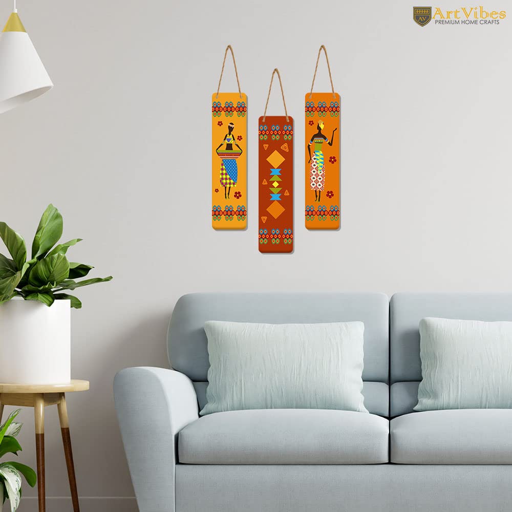 Artvibes African Warli Art Decorative Wall Art MDF Wooden Wall Hanger for Home | Room Wall Art | Modern Decor Artwork | Living Room | Cafe | Wall Art Print | Unique Gift Items (WH_8102N), Set of 3