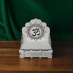 QUEENS CANVAS Wooden Om Symbol Dashboard Temple, Car Mandir Showpiece with Sanskrit Text, White MDF