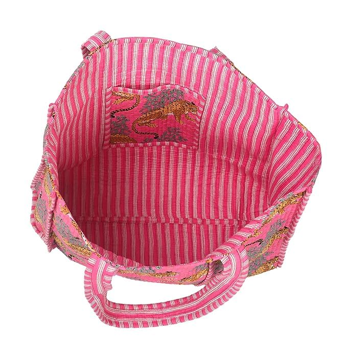 DecorAvenue Quilted Premium Cotton Printed Reversible Tote Bag Grocery Shopping Bag Travel Bags Carry Bag 18x15x5.5 Inch (Pink Tiger)