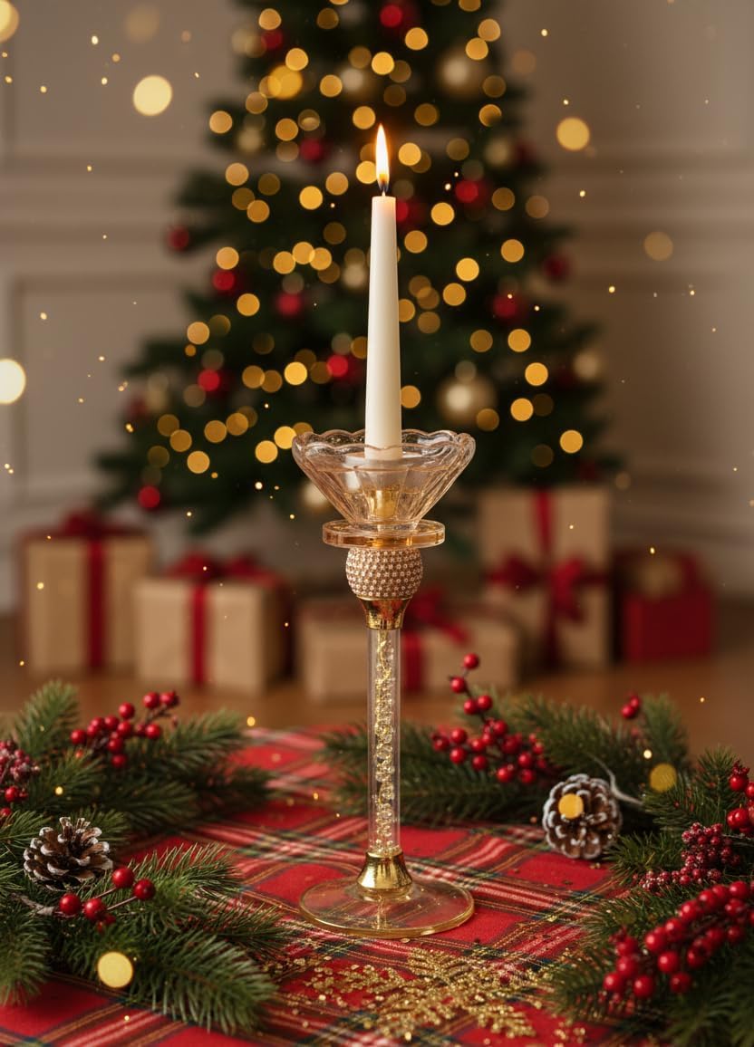 PIXELERA Luxury Gold Candle Stand Holder with Crystal Lotus Bowl | Decorative Metal Candle Holder for Home Décor, Pooja, Festival & Table Centerpiece (Crystal Glass Diya Stand)