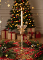 PIXELERA Luxury Gold Candle Stand Holder with Crystal Lotus Bowl | Decorative Metal Candle Holder for Home Décor, Pooja, Festival & Table Centerpiece (Crystal Glass Diya Stand)