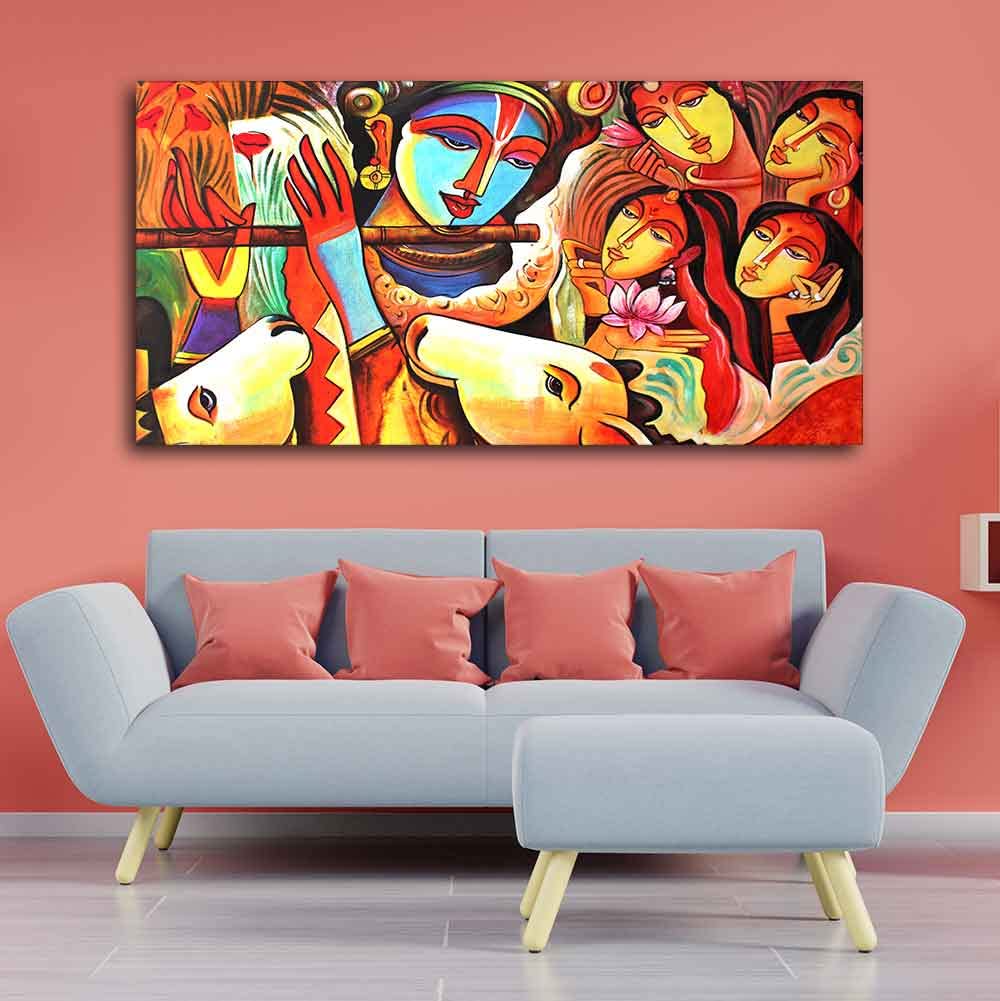 VIBECRAFTS Canvas Paintings for Living Room Drawing Room Radha Krishna Decorative Pattern Canvas Big Wall Painting Wall Art Fitted with Wooden Frame for Home|Office|Gift(PTVCH_2246)