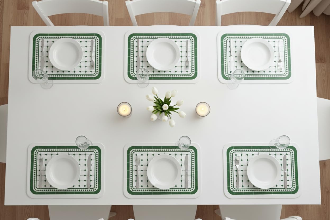 TheTableTales Placemats Pack of 6, Premium Waterproof Heat Resistant Dining Table Mats | Washable PU Leather Mats for Dinner | Non Slip Pad for Home Kitchen Restaurant (Dark Green) Kafalo