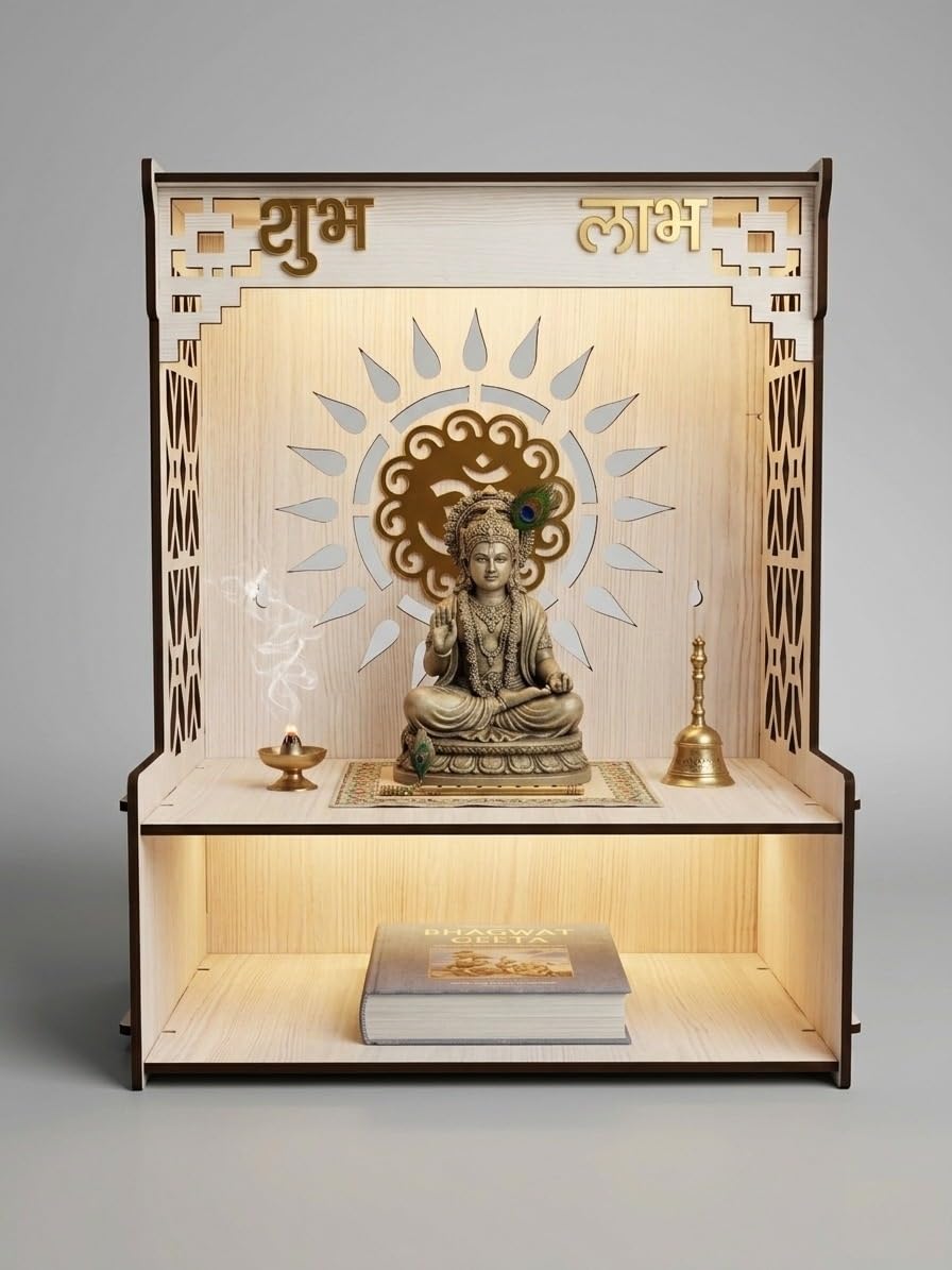 GOJEEVA KRAFT Beautiful Wooden Pooja Stand for Home, Temple, Office, Wall Mounted Puja Mandir with LED Spot Light Size (L- 29 CM, W- 25 CM, H - 37.5 CM)