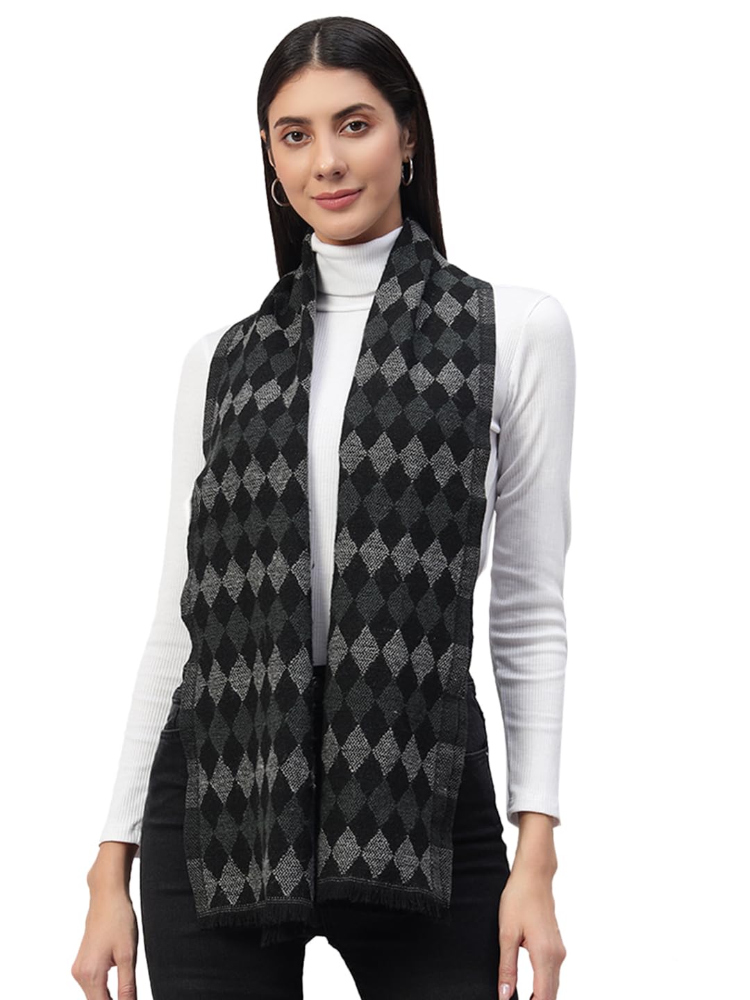 Ravaiyaa - Attitude is everything Women Woolen Ikat Design Casual Warm Winter Wear Muffler Scarf Stole 72x14 Inch (Black & Grey Check)