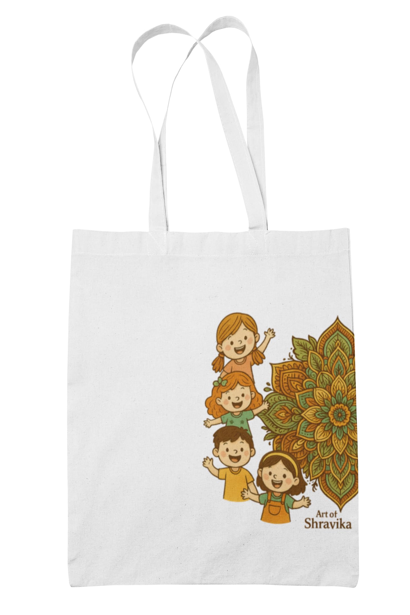 Art of Shravika Tote Bag with Mandala Fries Design | Eco-Friendly Cotton Canvas | Shopping & Casual Carry Bag Snow