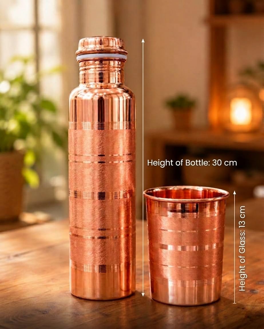 Pure Copper Water Bottle 1000ml with Copper Glass Combo Set