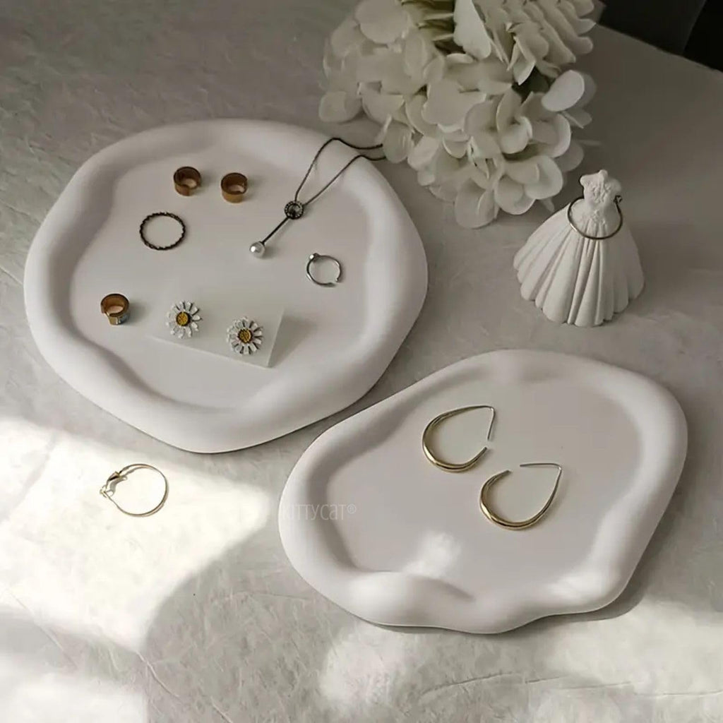 Kitty Cat® Handmade Concrete Trinket Tray Set of 2 – Aesthetic Minimalist Decorative Plates for Jewelry, Candles, Vanity & Table Décor | Modern Home & Office Organizer (Irregular Duo Tray Set)